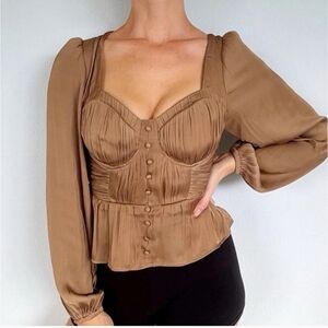 Joie Satin Corset Balloon Sleeve Smocked Blouse Medium Taupe Ethereal Romantic